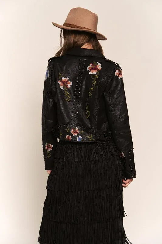 FLORAL EMBROIDERED STUDDED FAUX LEATHER JACKET