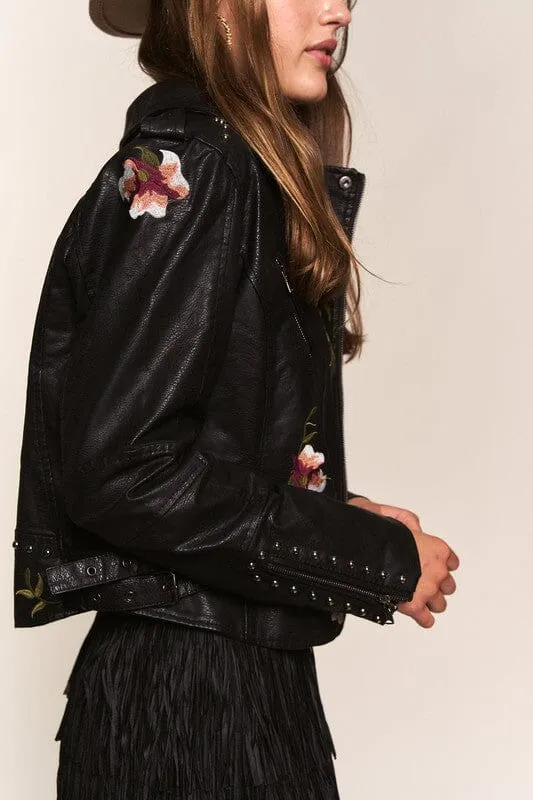 FLORAL EMBROIDERED STUDDED FAUX LEATHER JACKET