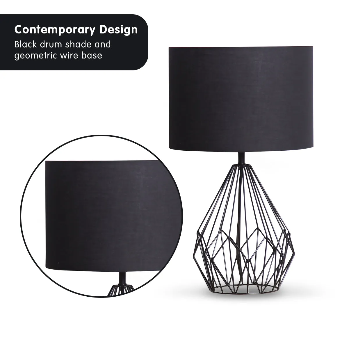 Geometric Black Table Lamp, Black Drum Shade - Sarantino