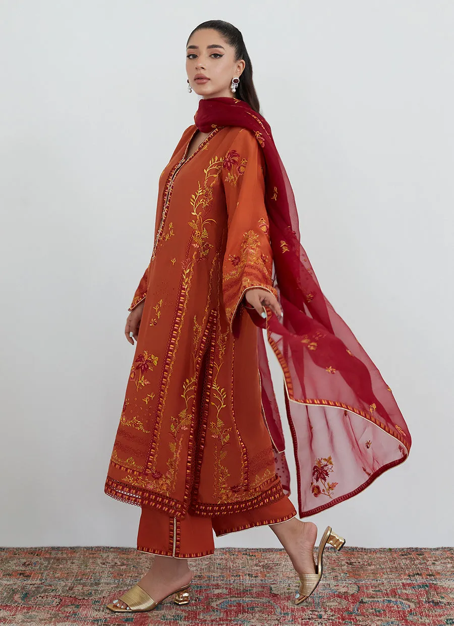 Ginger Rust Embroidered Shirt with Organza Dupatta