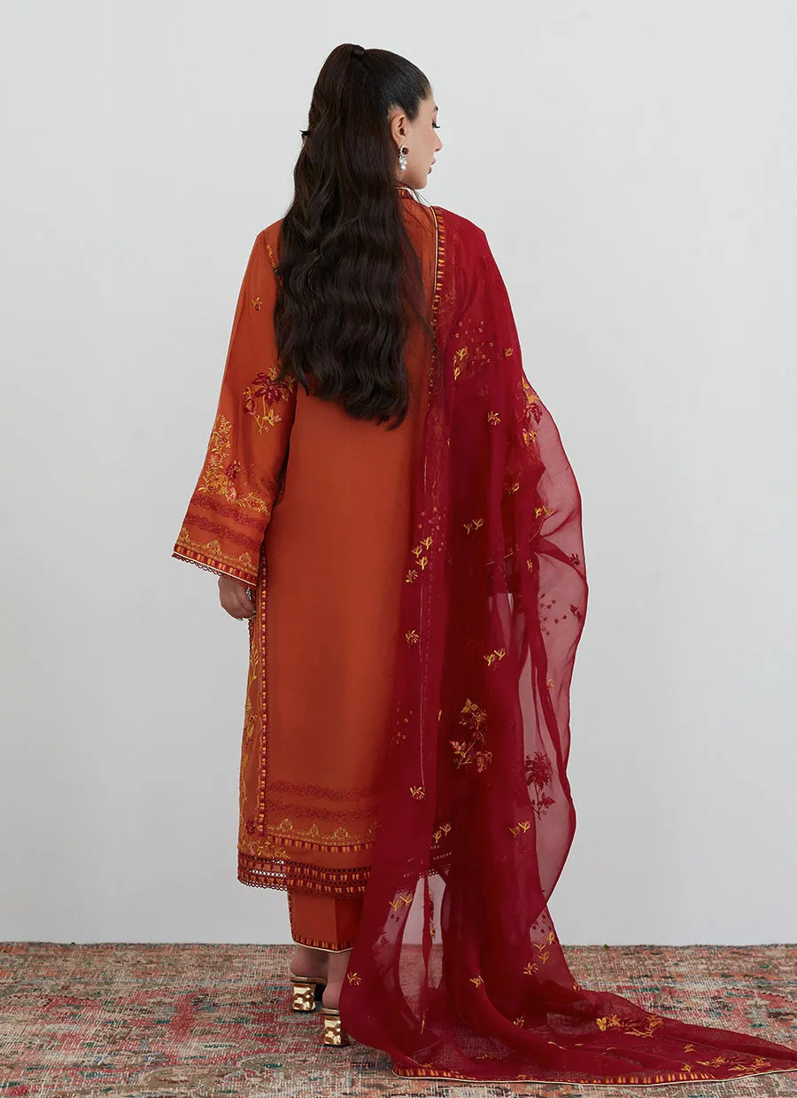 Ginger Rust Embroidered Shirt with Organza Dupatta