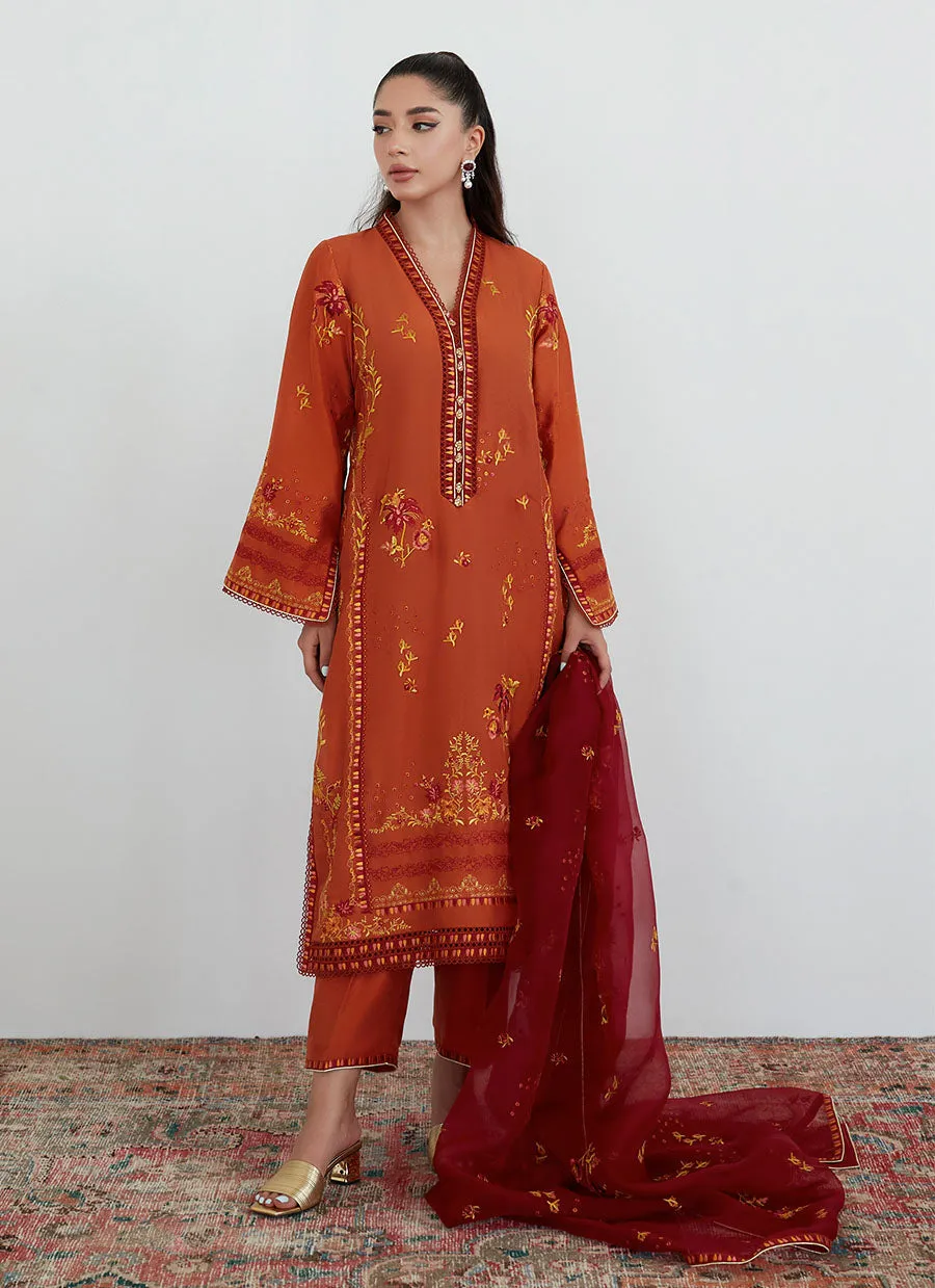 Ginger Rust Embroidered Shirt with Organza Dupatta