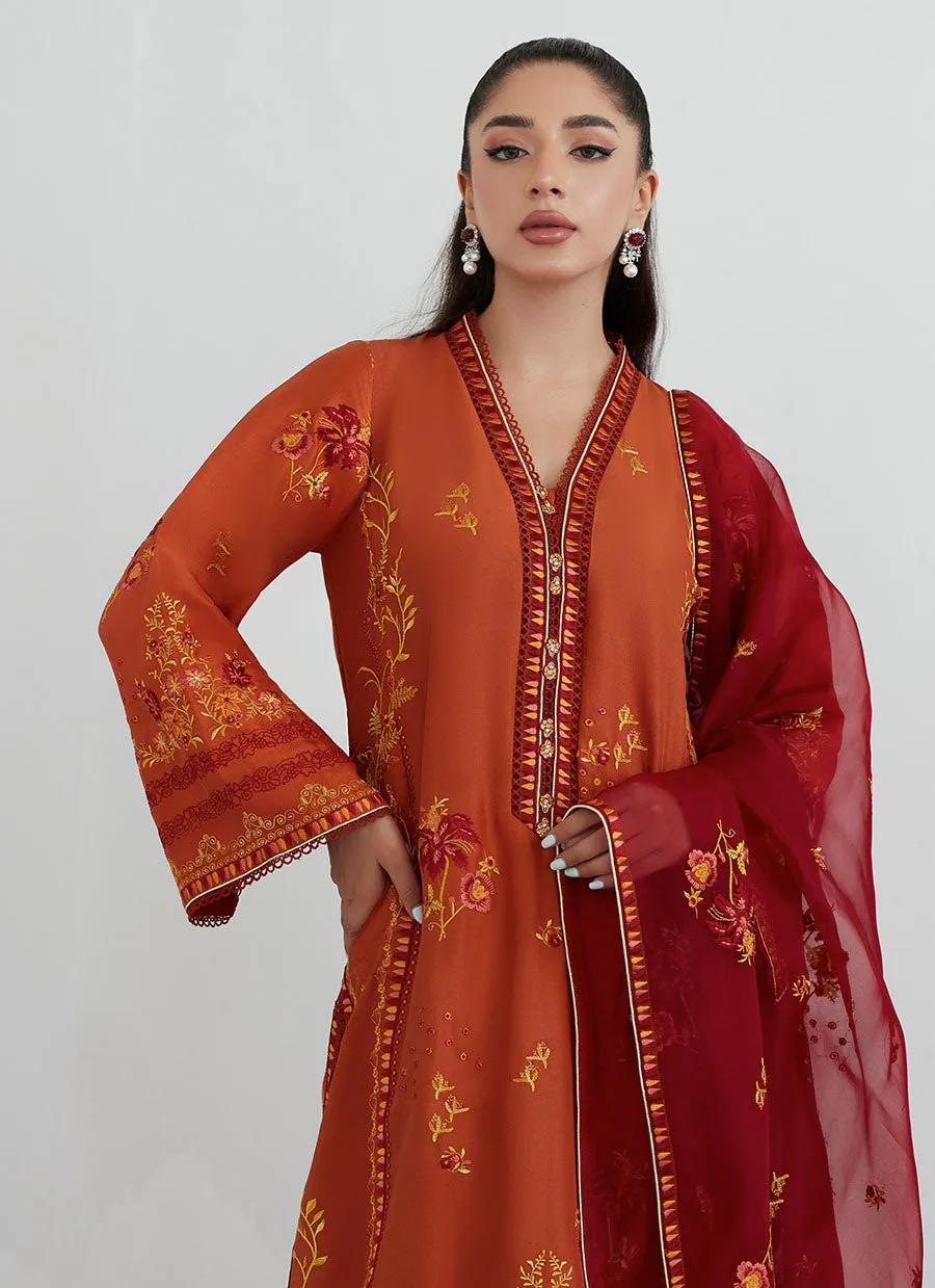 Ginger Rust Embroidered Shirt with Organza Dupatta