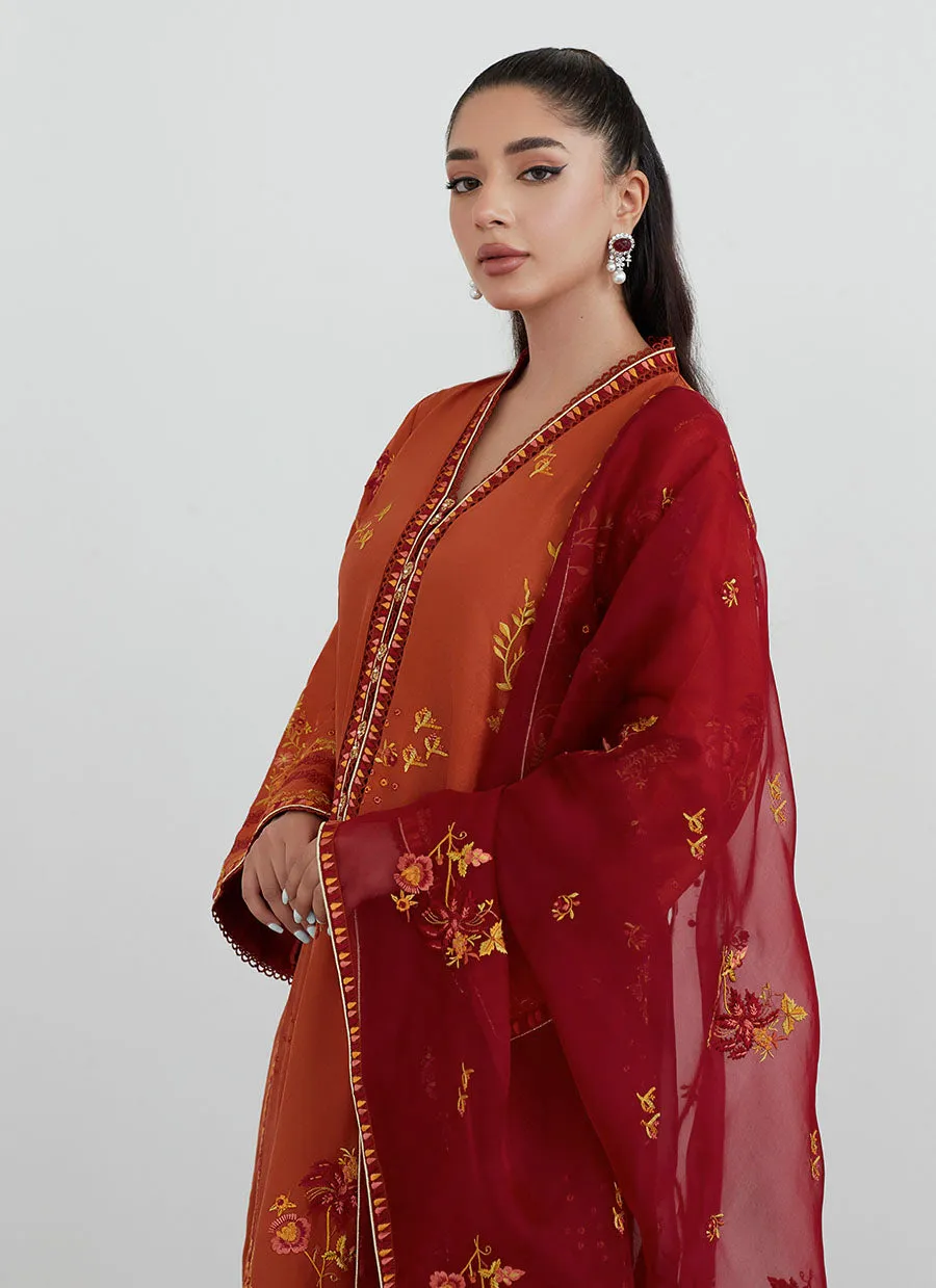 Ginger Rust Embroidered Shirt with Organza Dupatta