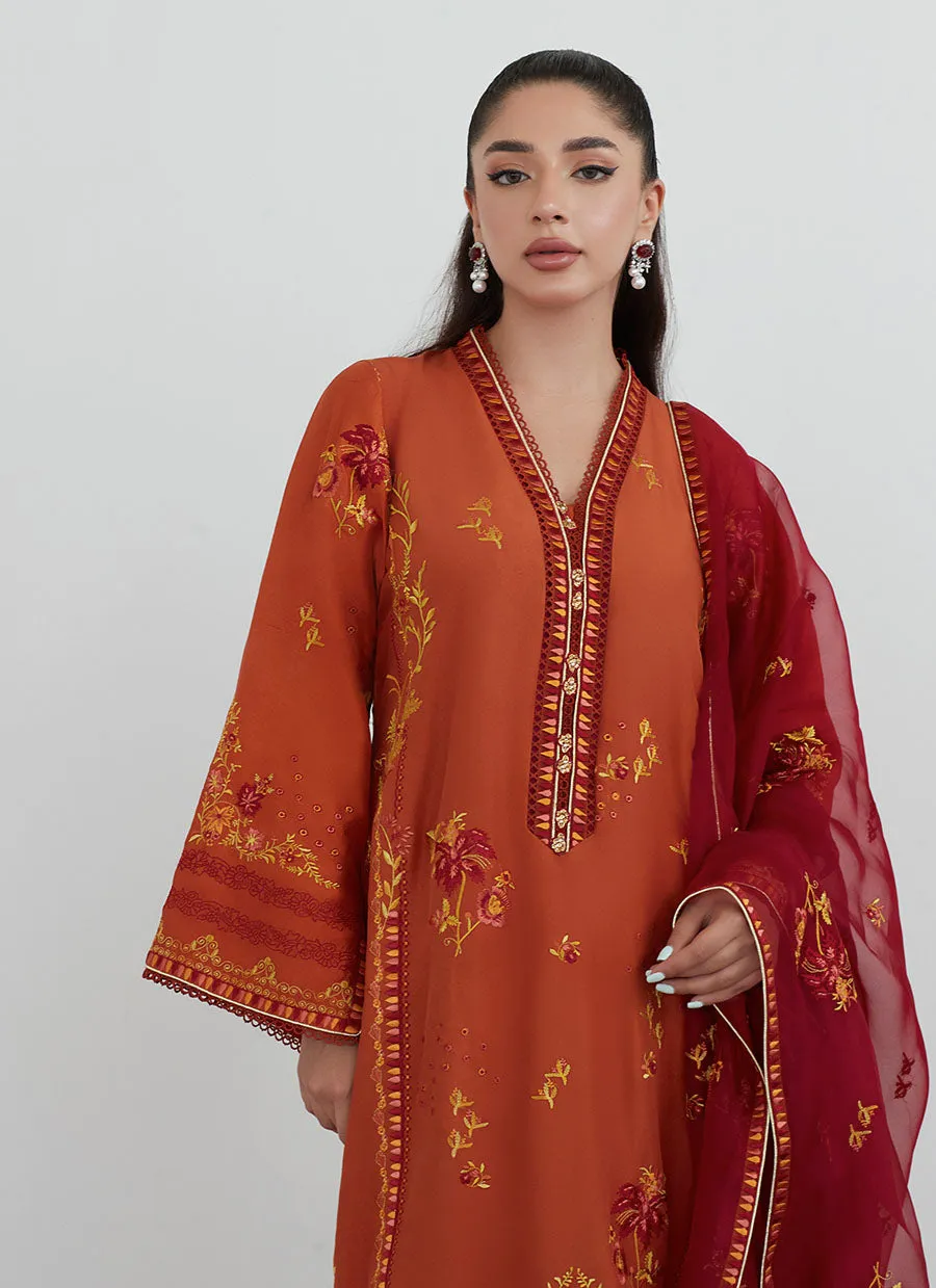 Ginger Rust Embroidered Shirt with Organza Dupatta