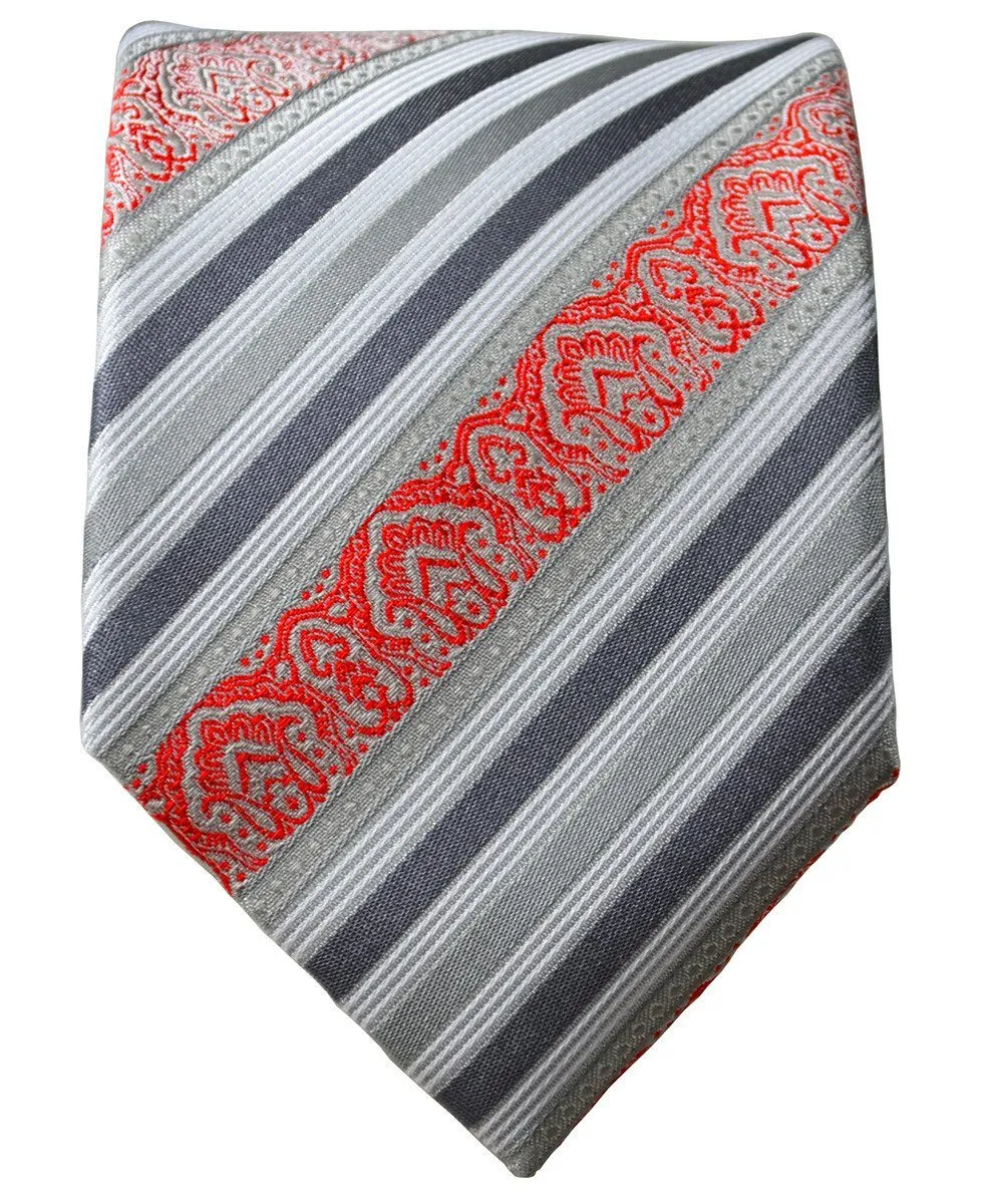 Gray and Red Striped Silk Tie and Pocket Square