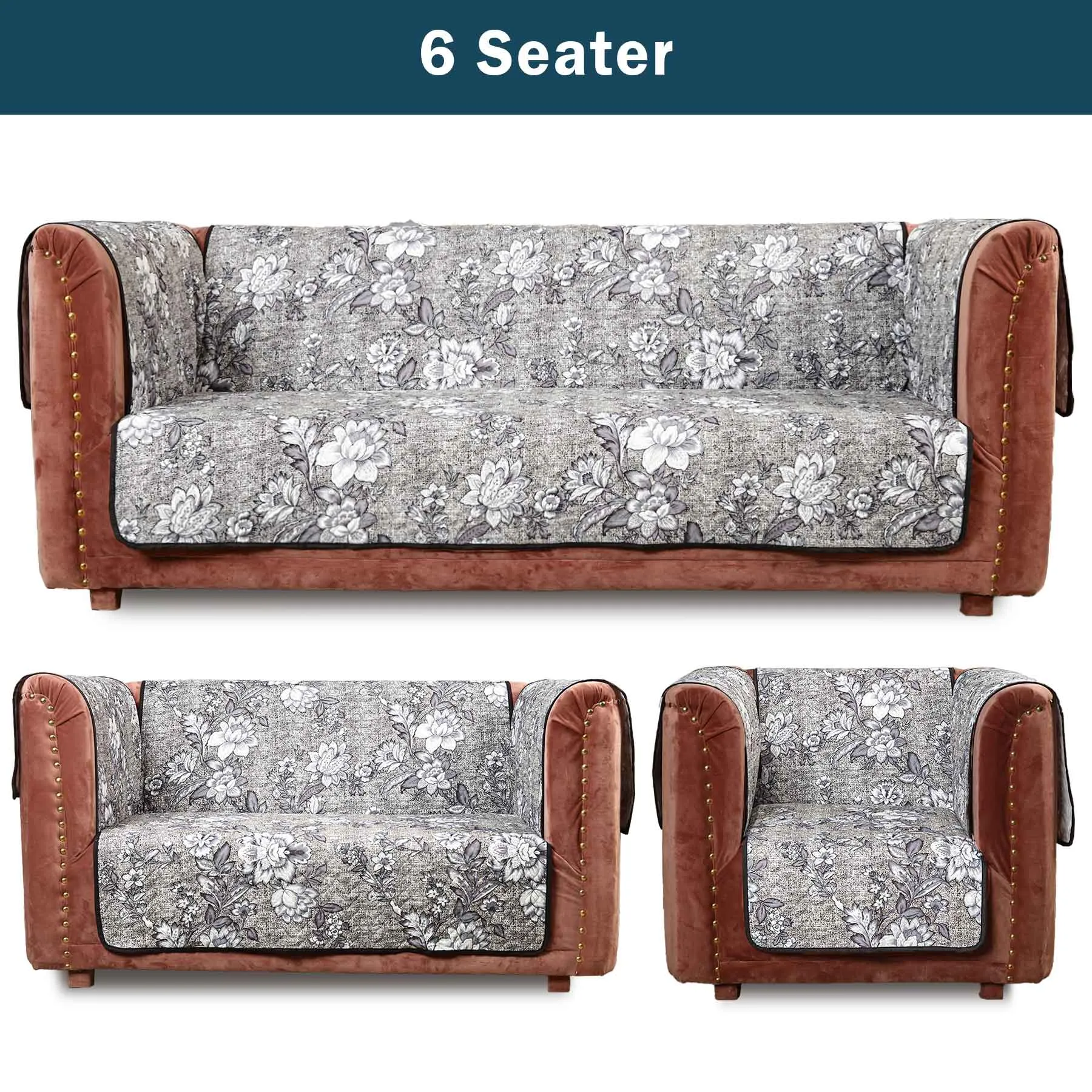 Grey Antique Floral Quilted Sofa Cover Set