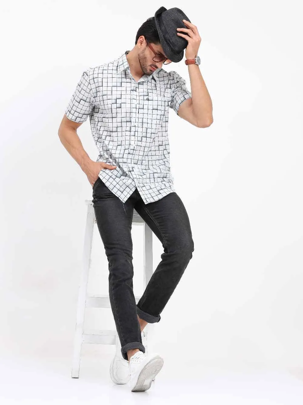 Grey Checks Printed Half Sleeve Shirt