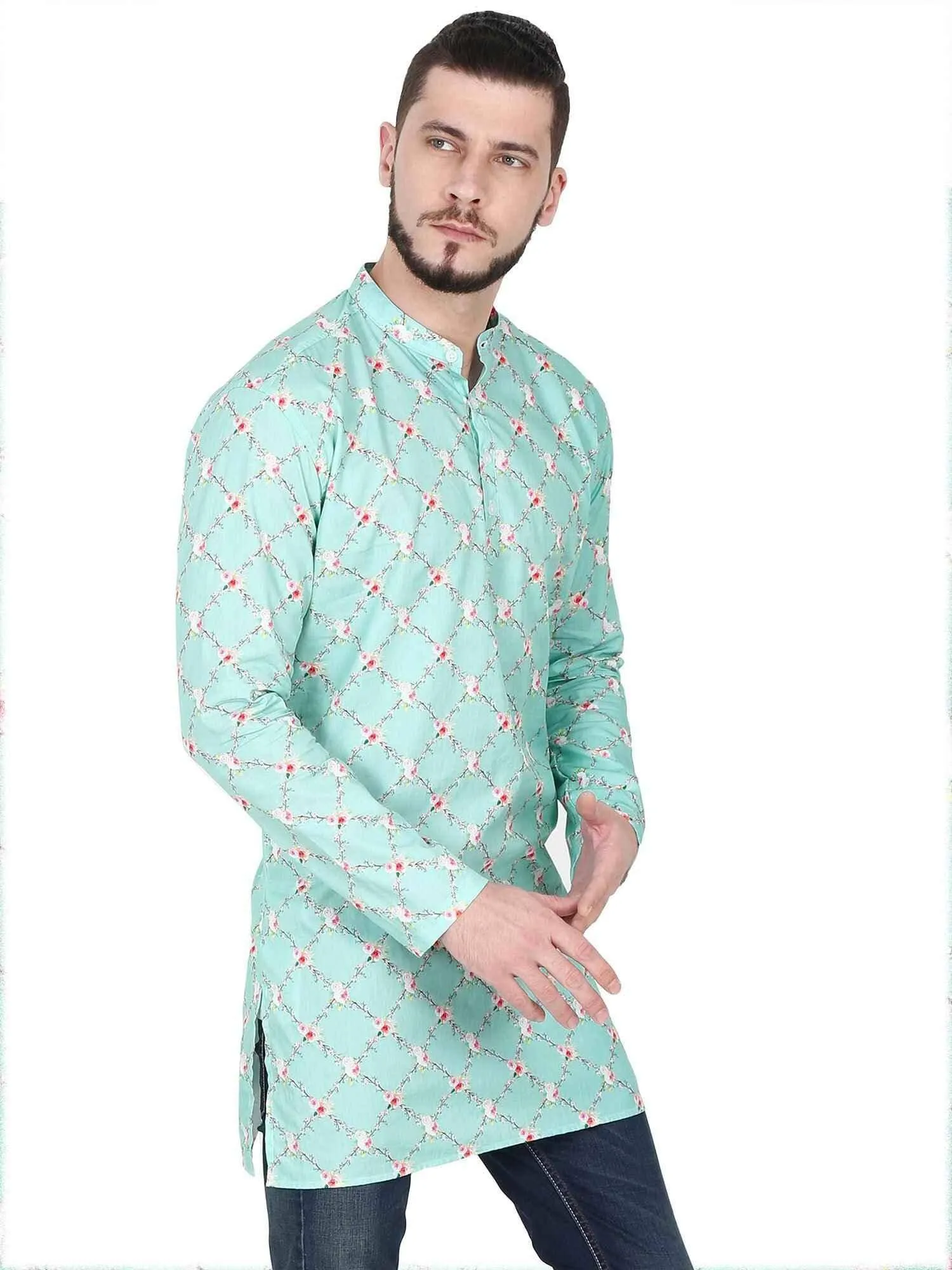 Guniaa Sky Blue Digital Printed Giza Cotton Long Kurta