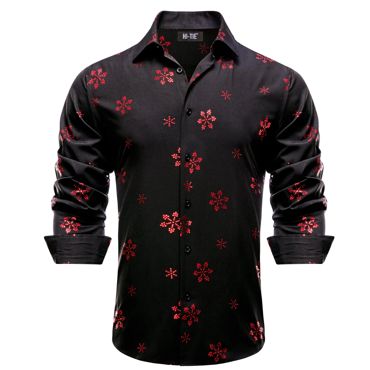 Hi-Tie Black Windsor Collar Red Snowflake Men's Dinner Shirt Christmas