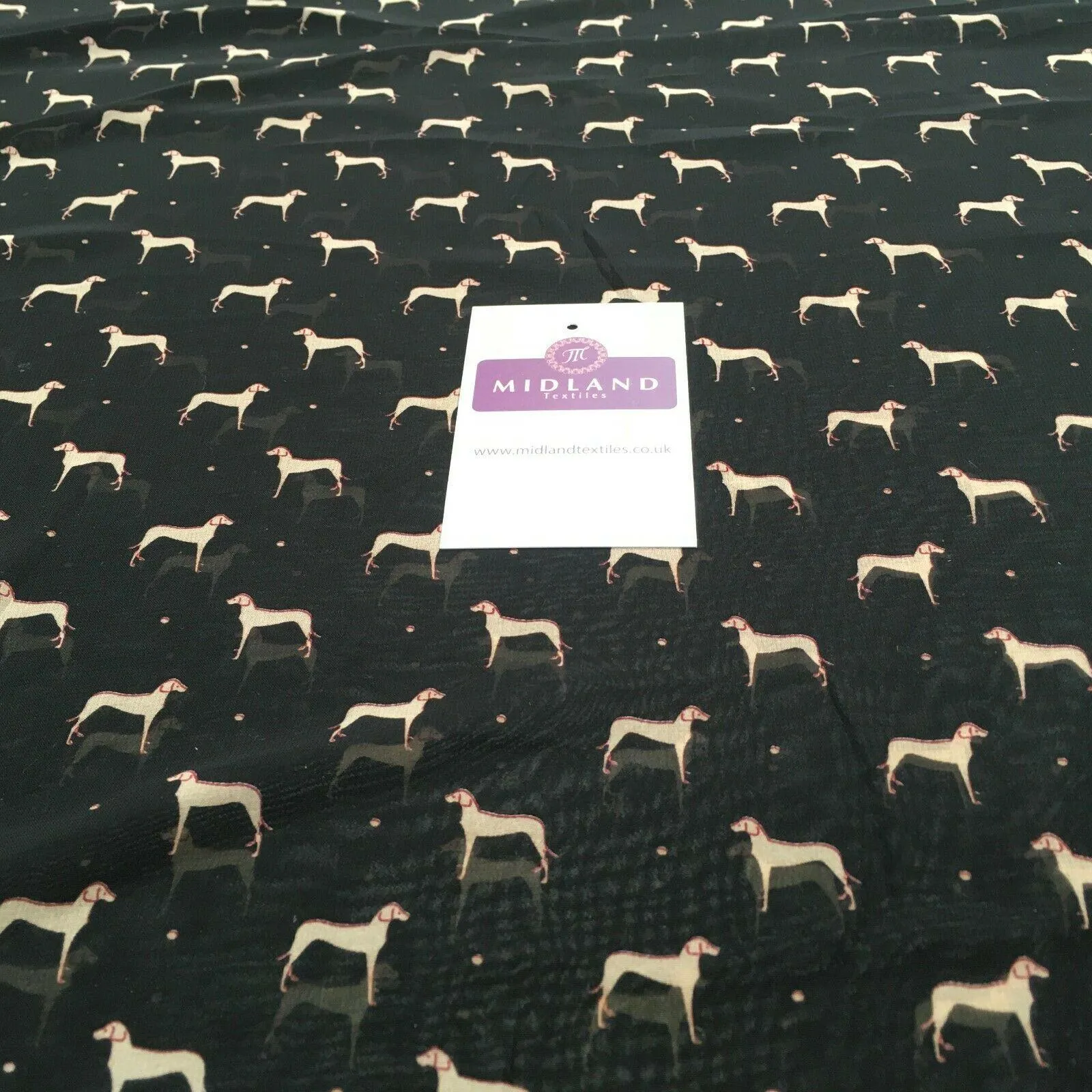 Hound dog on Black Printed Chiffon High Street Light Fabric 150 cm MK1084-12