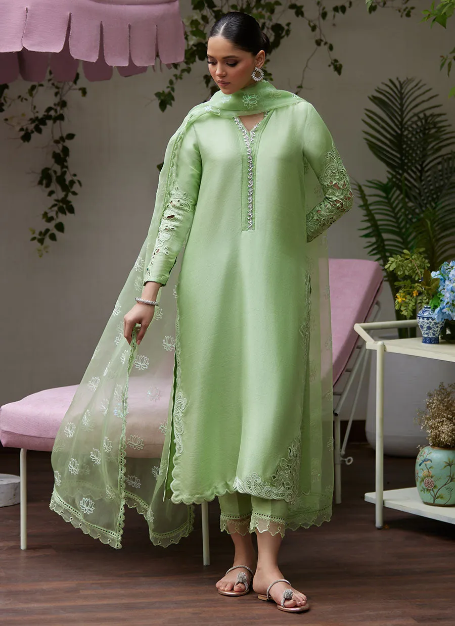 Katya Apple Green Cutwork Raw Silk Shirt with Organza Dupatta