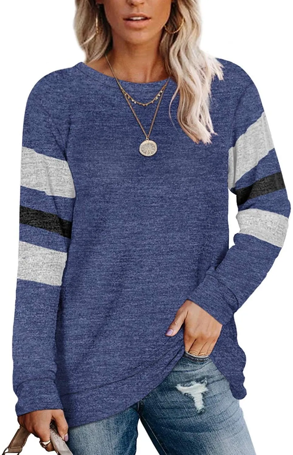 Ladies long sleeve stitching round neck casual printed t-Shirt top