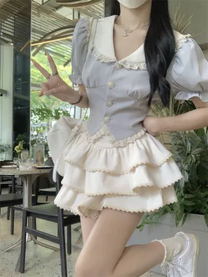 Lazy Girl Coquette Blue Puff Sleeve Shirt Blouse & Ruffled White Mini Skirt Two Piece Set