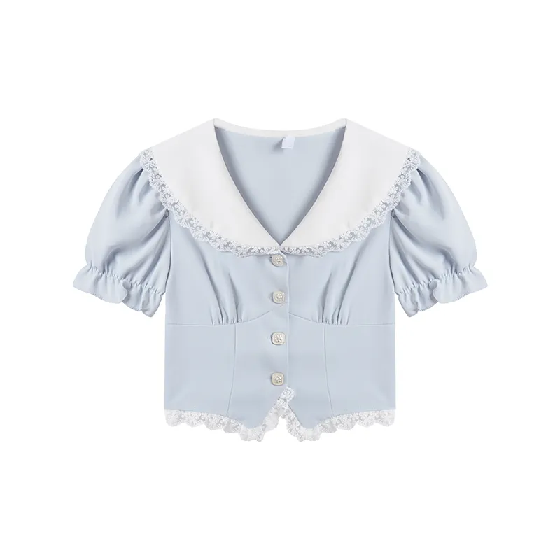 Lazy Girl Coquette Blue Puff Sleeve Shirt Blouse & Ruffled White Mini Skirt Two Piece Set