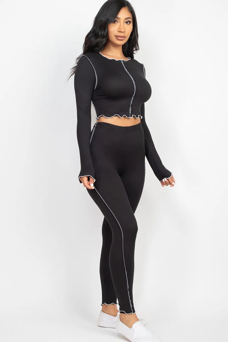 Lettuce Edge Crop Top & Leggings Set - Ships from The USA