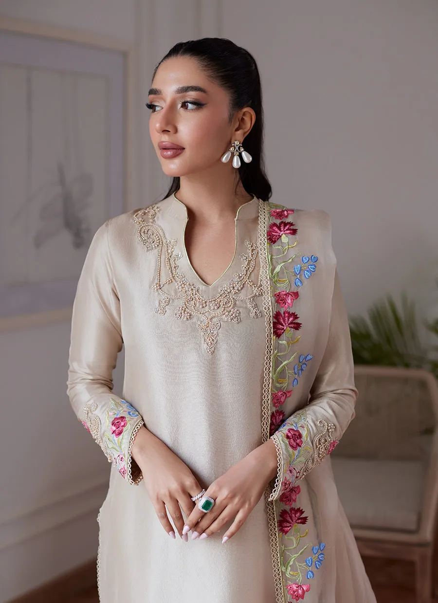 Liara Sand Embroidered Raw Silk Shirt And Dupatta