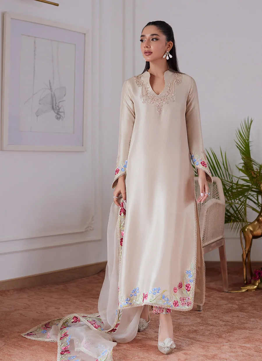 Liara Sand Embroidered Raw Silk Shirt And Dupatta