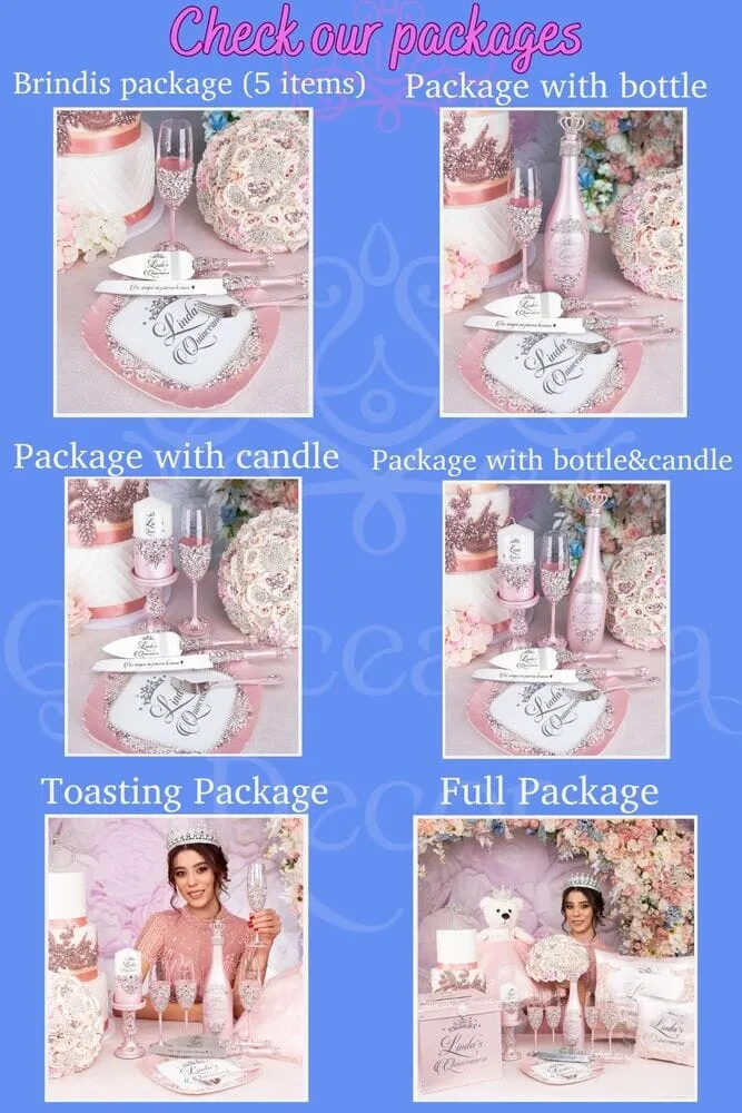 Light blue quinceanera brindis package with bottle and candle