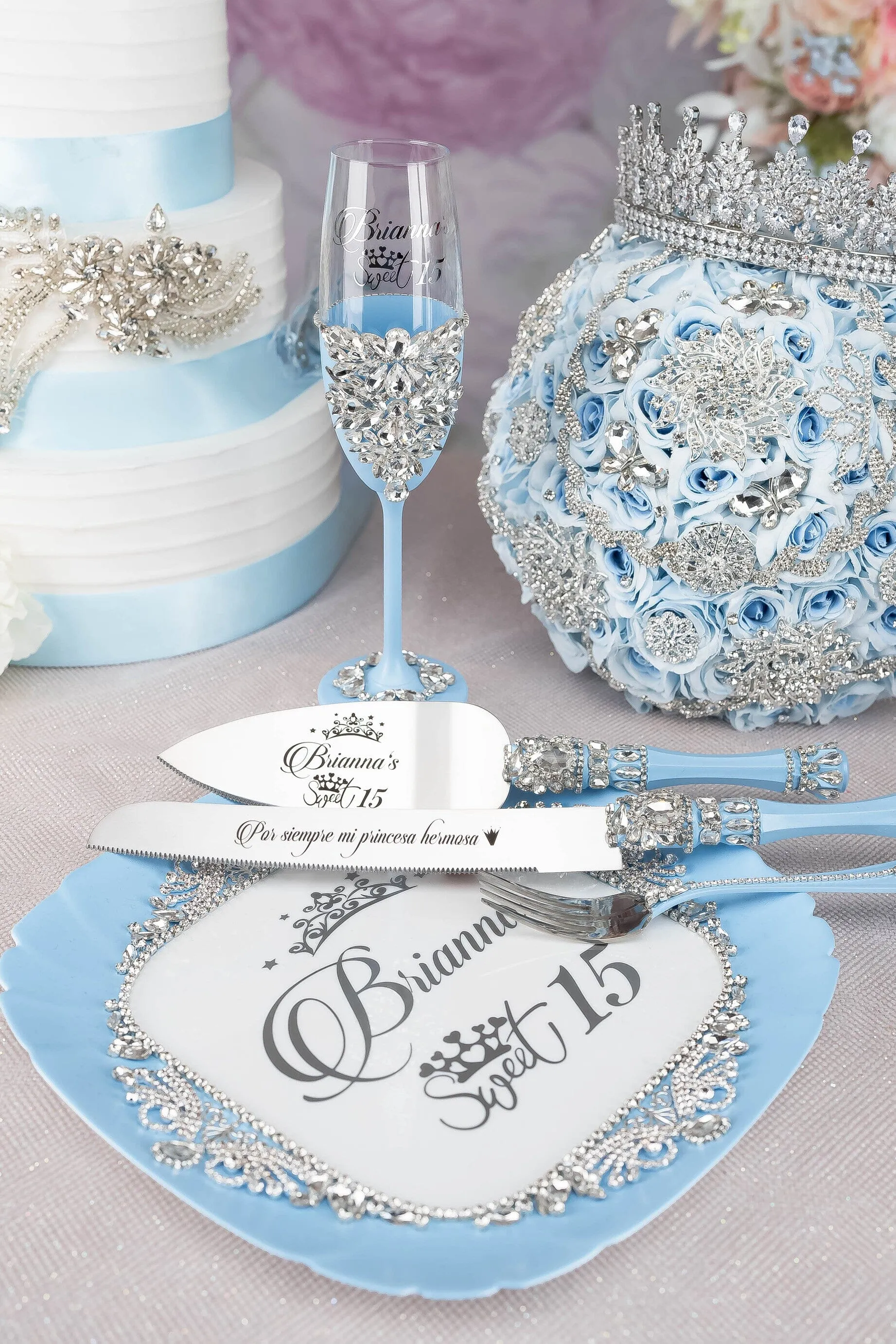 Light blue quinceanera brindis package with bottle and candle