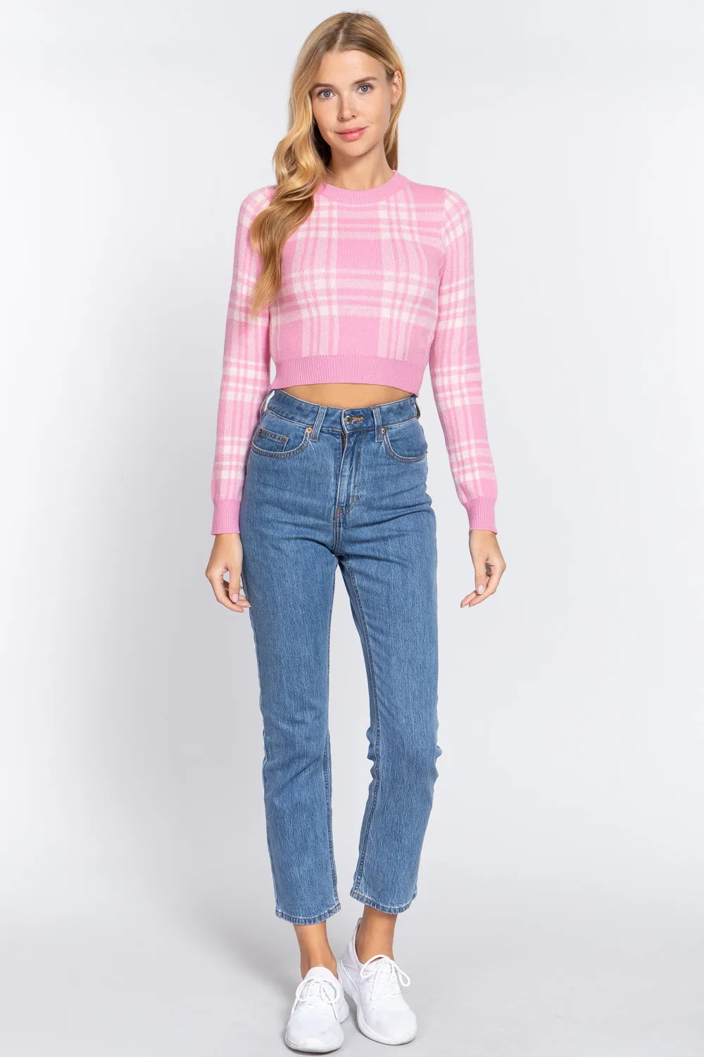 Long Slv Check Jacquard Crop Sweater