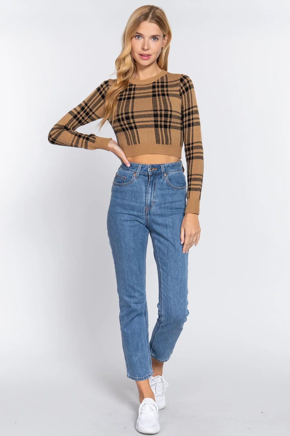 Long Slv Check Jacquard Crop Sweater