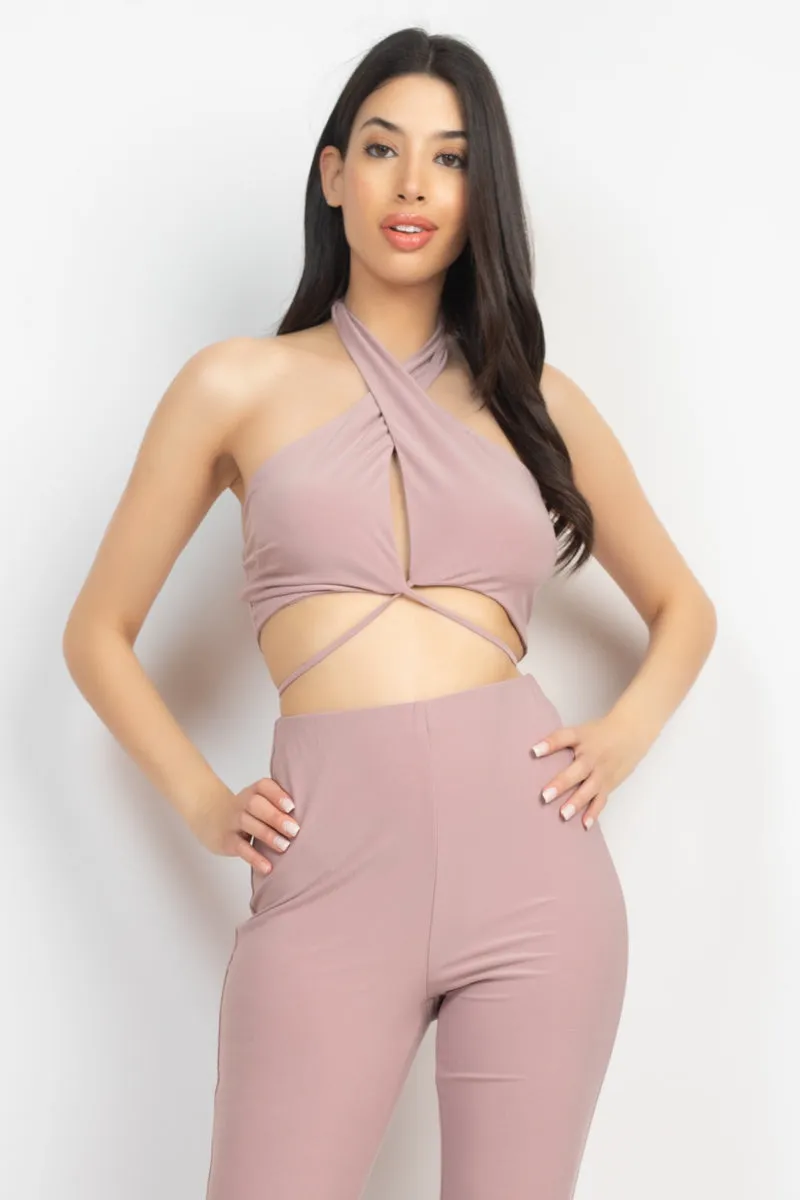 Mauve Solid Halter Top And Elastic Leggings Set - Ships from The USA