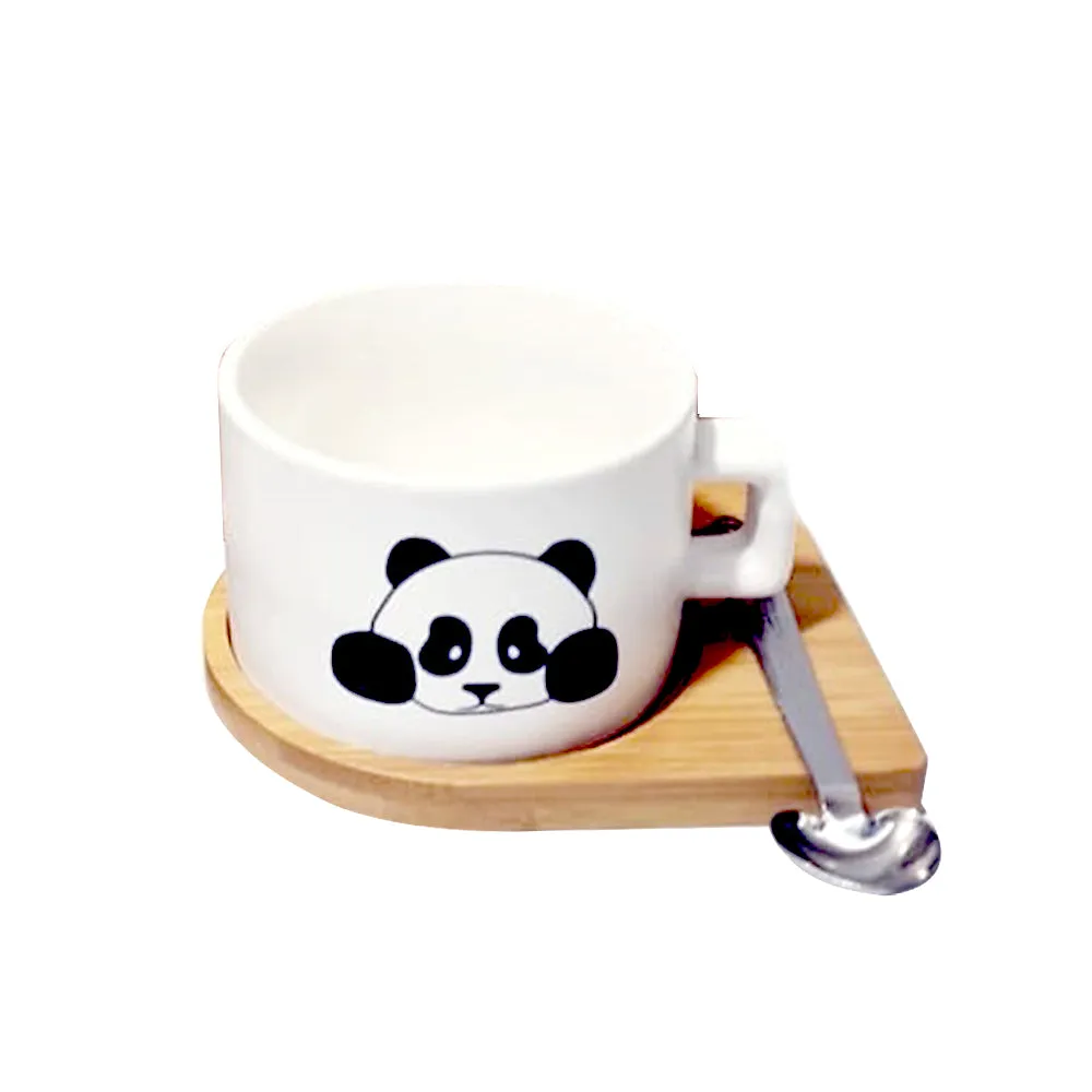 (Net) Charming Panda Ceramic Cup with Wooden Dish and Spoon