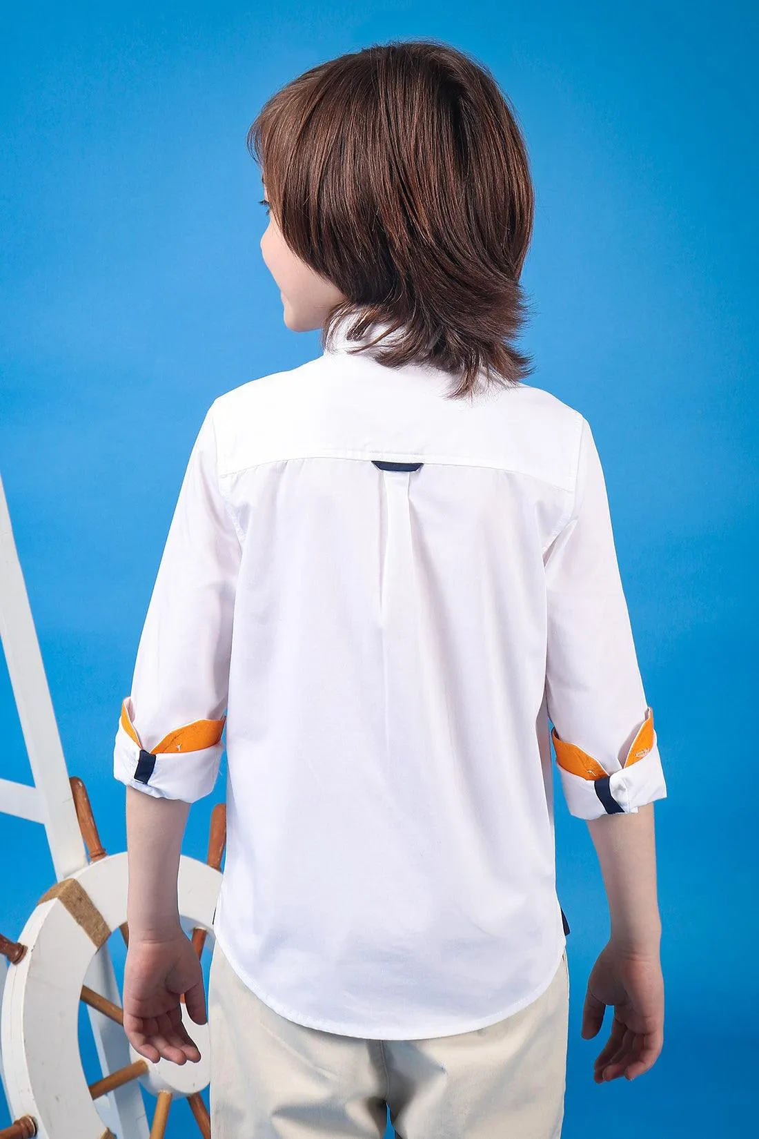 One Friday Kids Boys White Cotton Full Sleeves Embroidered Shirt