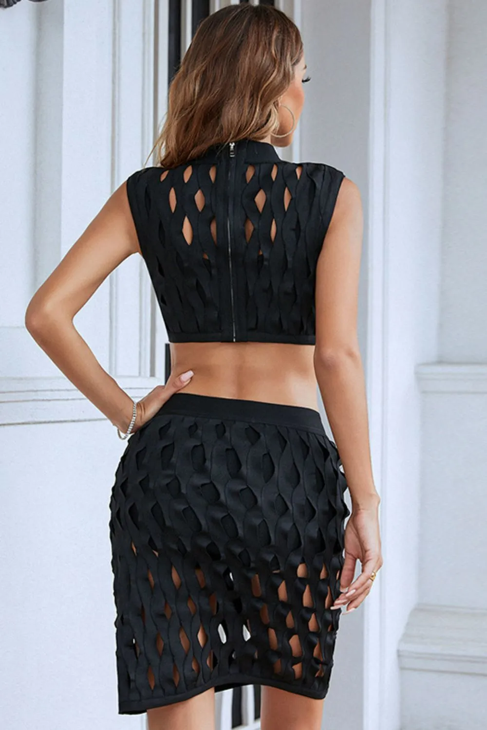 Openwork Cropped Top and Skirt Set - 2 colors