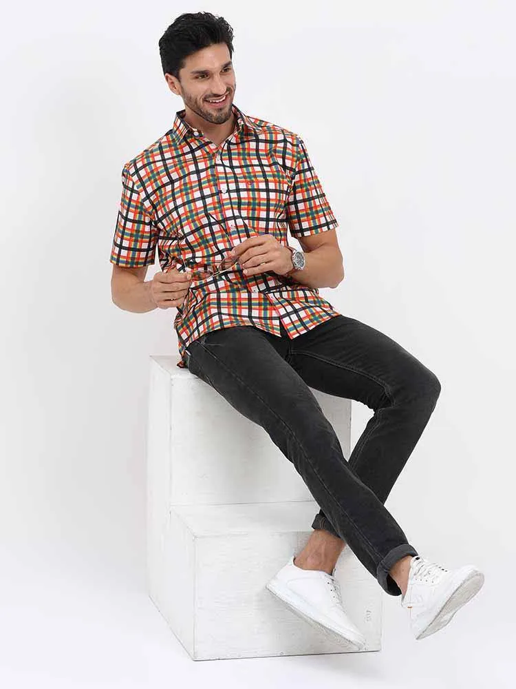 Orange Grey Printed Checks Half Sleeve Shirt