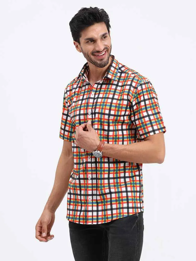 Orange Grey Printed Checks Half Sleeve Shirt