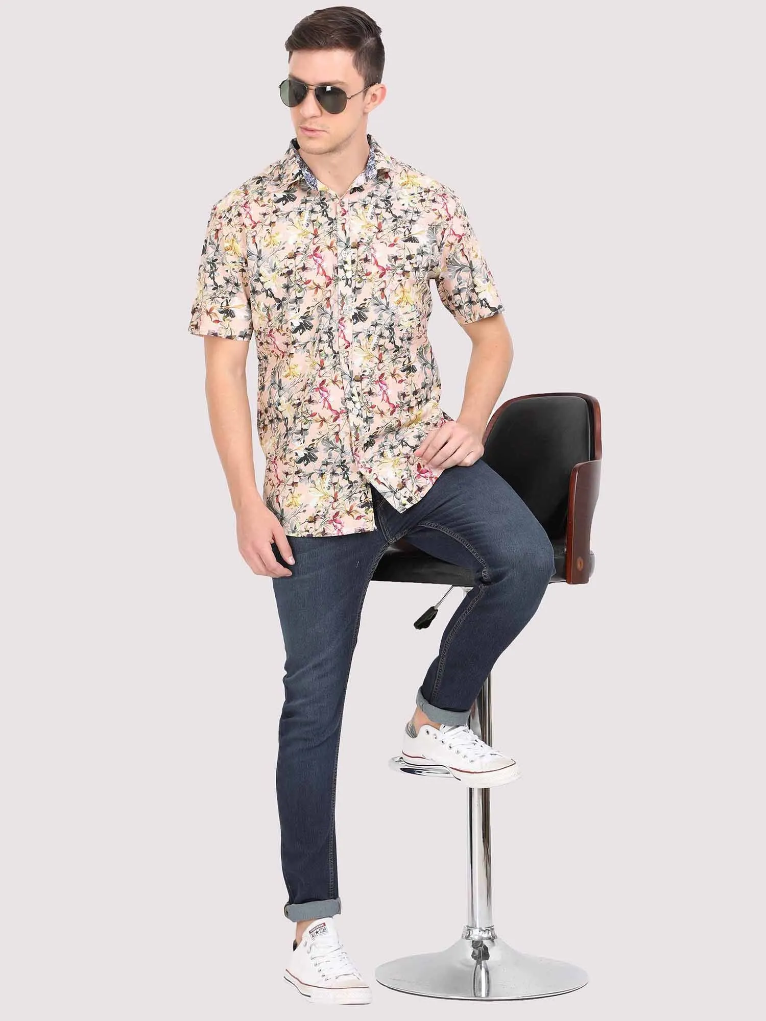 Peachy Floral Digital Printed Half Shirt