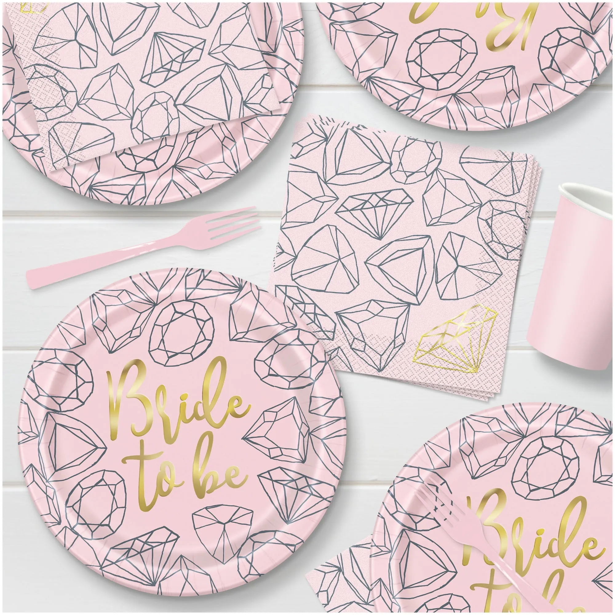 Pink & Gold Diamond Bride To Be Paper Dinner Plates and Luncheon Napkins (Serves 16)