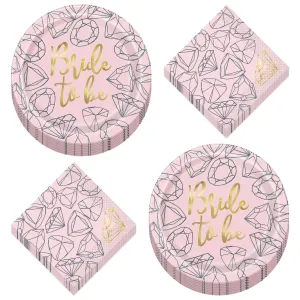 Pink & Gold Diamond Bride To Be Paper Dinner Plates and Luncheon Napkins (Serves 16)