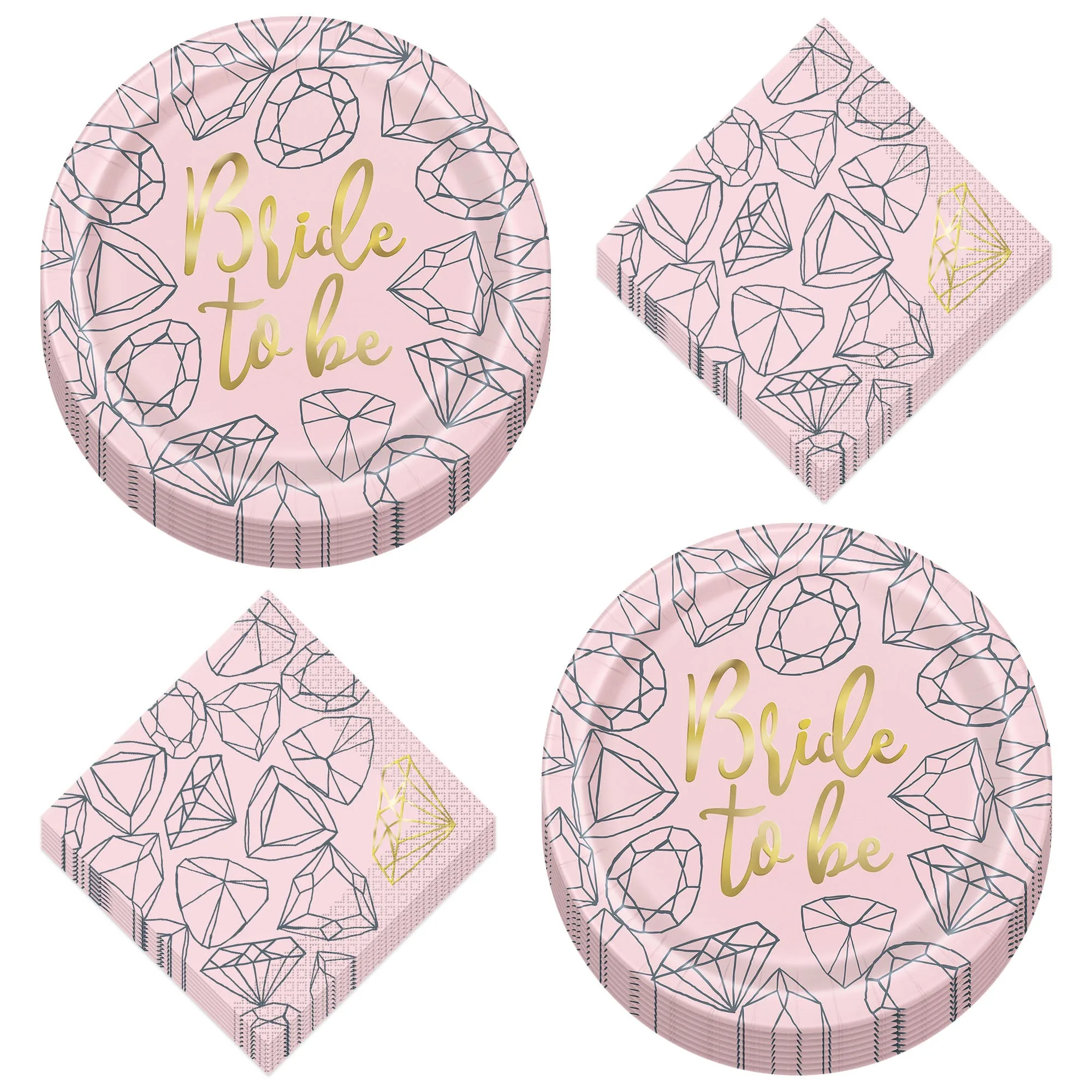 Pink & Gold Diamond Bride To Be Paper Dinner Plates and Luncheon Napkins (Serves 16)