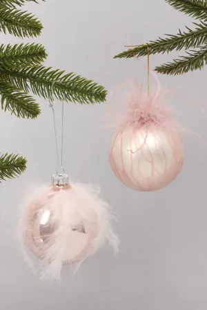 Pink and White Feathered Glass Christmas Tree Ornaments