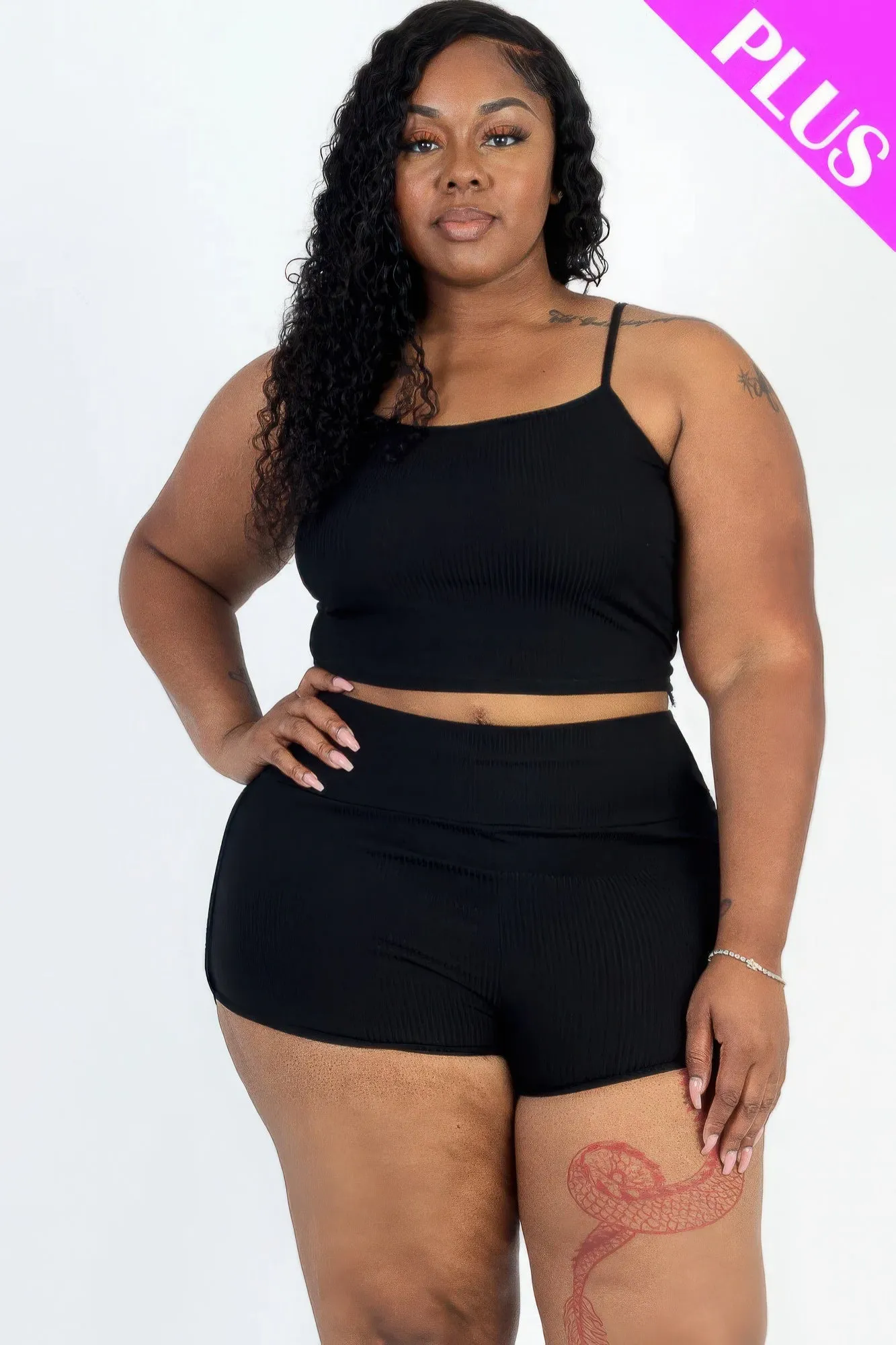 Plus Size Ribbed Cami Crop Top & Ruched Shorts Set