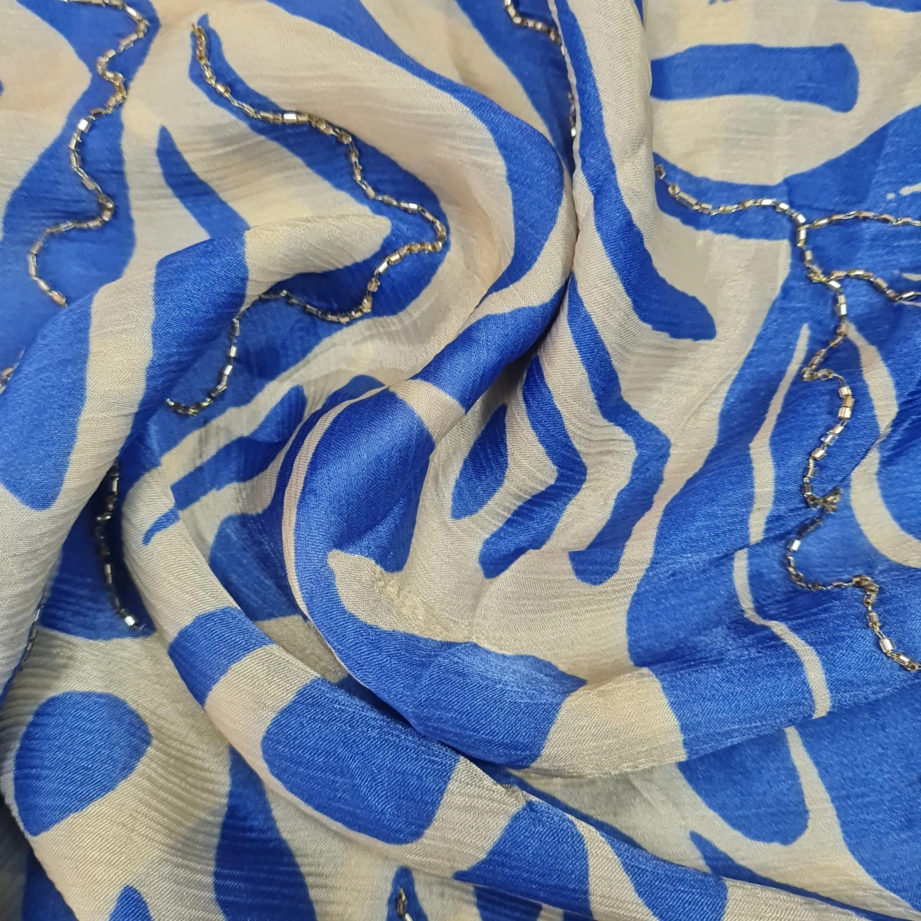 Premium Blue Abstract Cutdana Embroidery Satin Chiffon Fabric