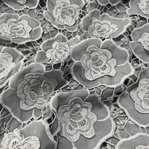 Premium Grey 3D Floral Sequins Embroidery Schiffli Crepe Fabric