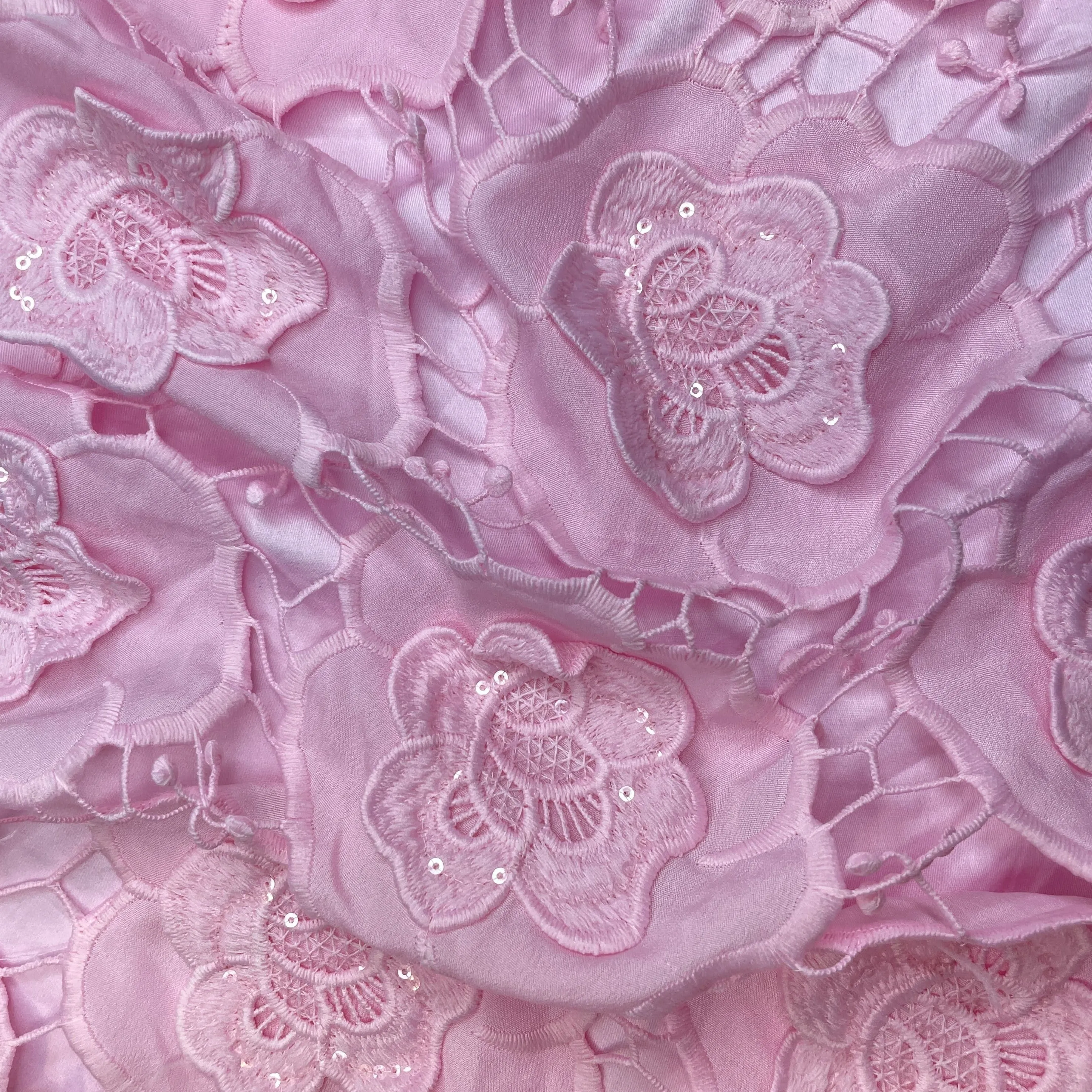 Premium Pink 3D Floral Sequins Embroidery Schiffli Crepe Fabric