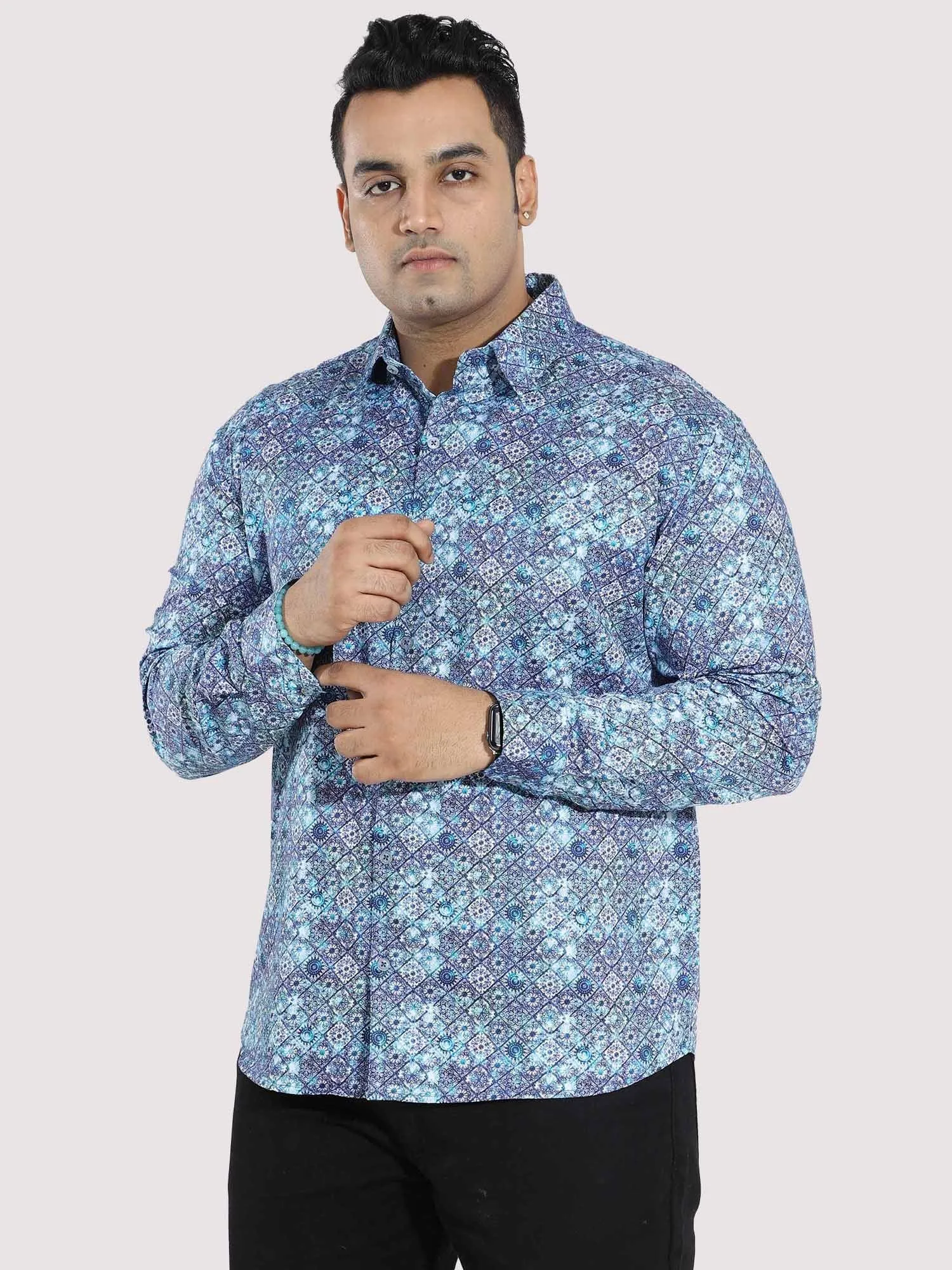 Propel Blue Cotton Satin Designer Shirt Men's Plus Size