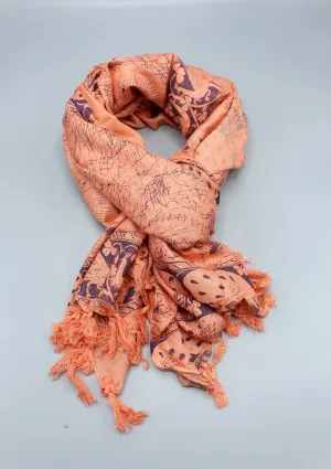 Pure Cotton Peacock Print Orange Shawl with Furka