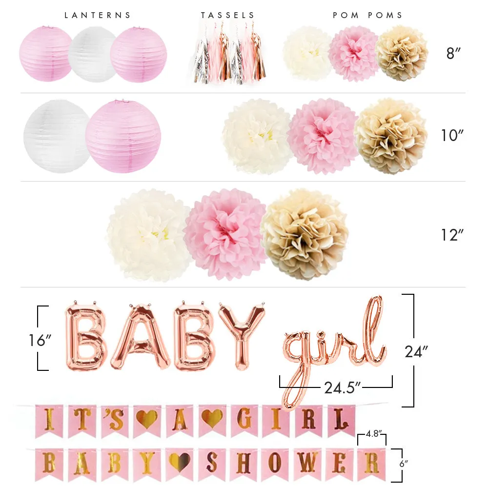 Rose Gold Baby Shower Decorations with a Banner, Lanterns, Foil Balloons, Pom Poms, and Tassels for Girl Baby Showers, Gender Reveals, and Photoshoots