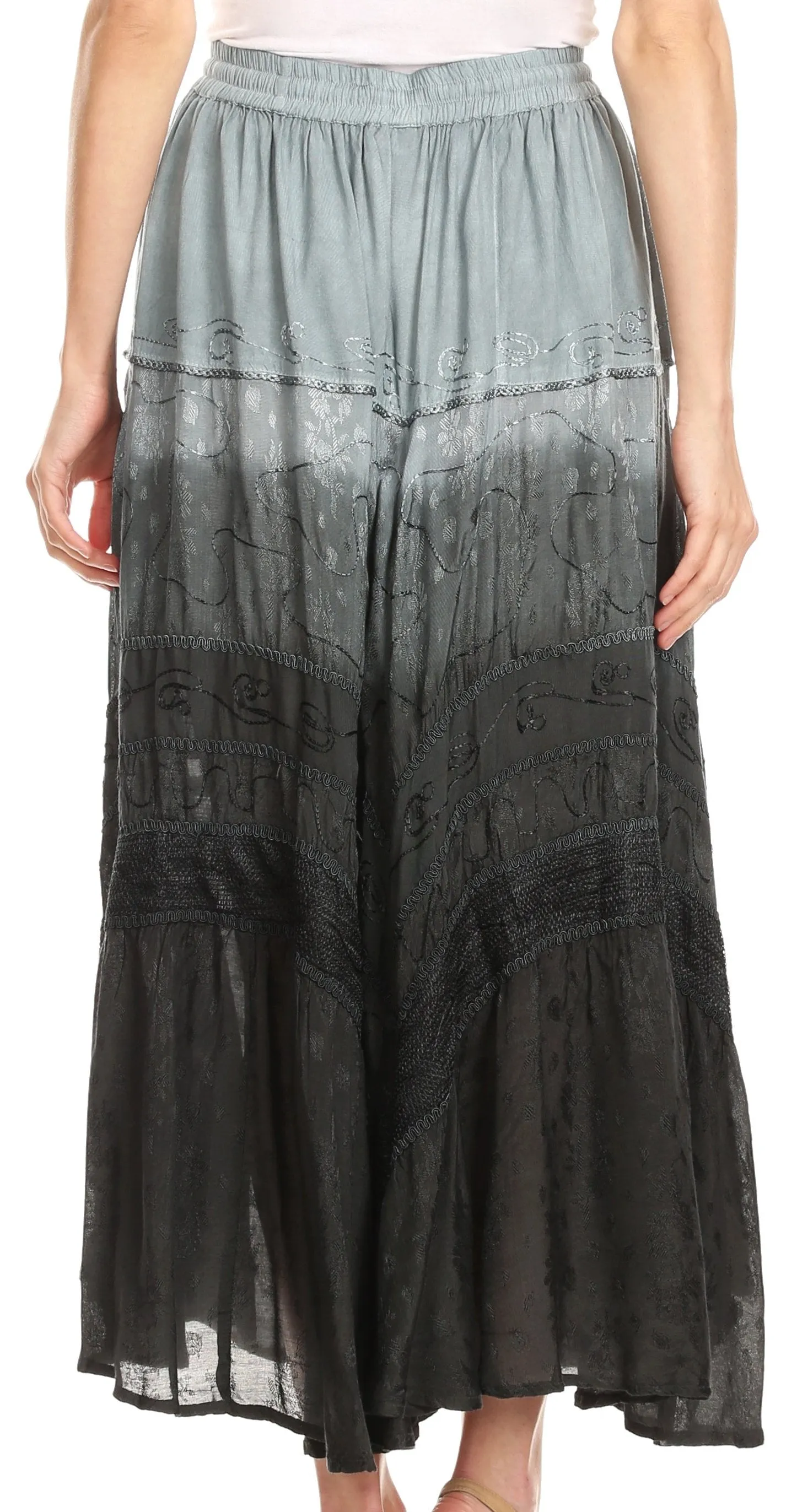 Sakkas Alber Adjustable Waist Boho Skirt With Detailed Embroidery With Ruffle Trim