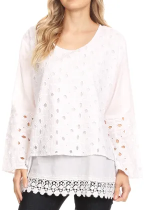 Sakkas Ayperi Womens Eyelet Embroidered Round Neck Cotton Basic Blouse Top Tunic