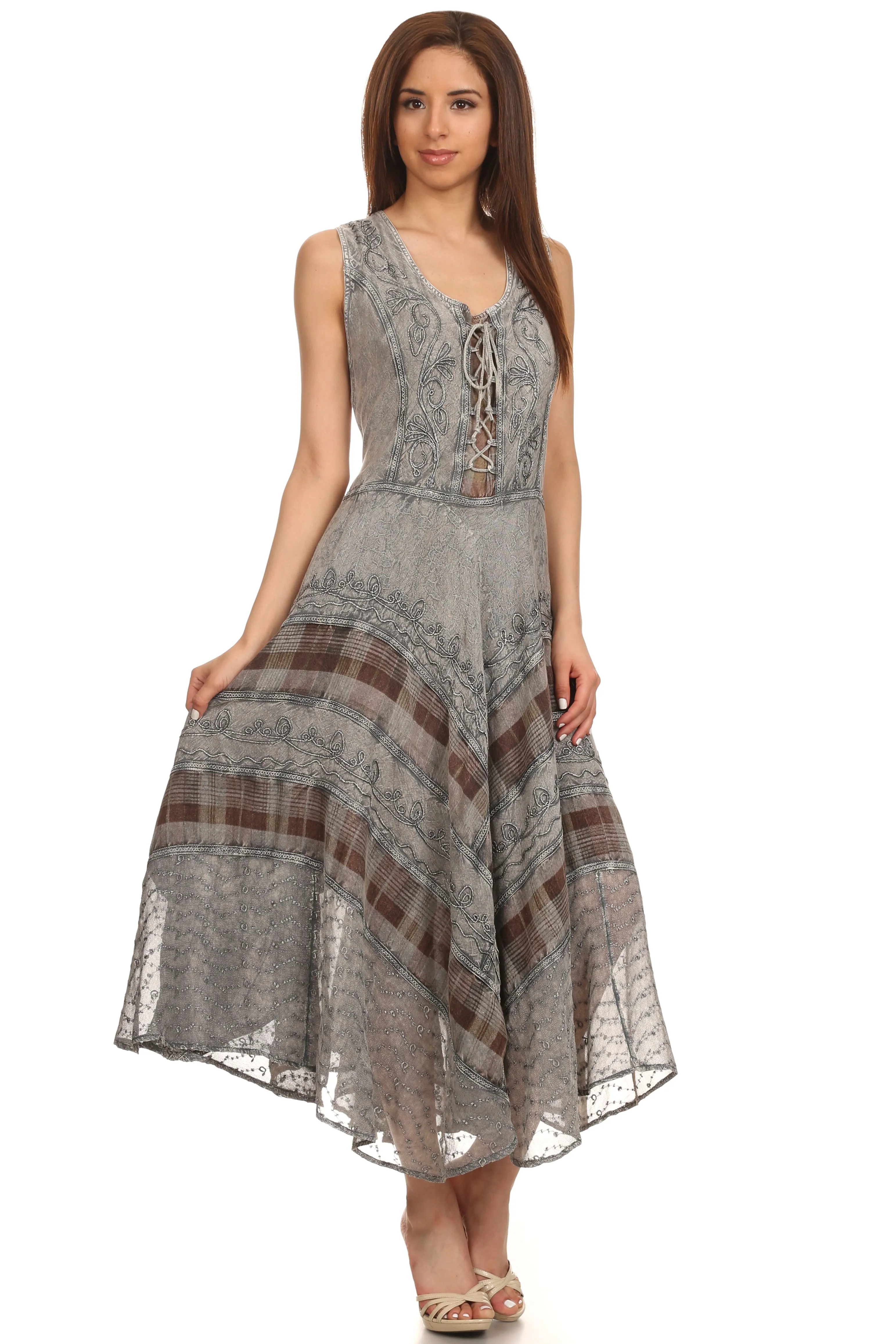 Sakkas Azalea Stonewashed Rayon Embroidery Corset Style Dress