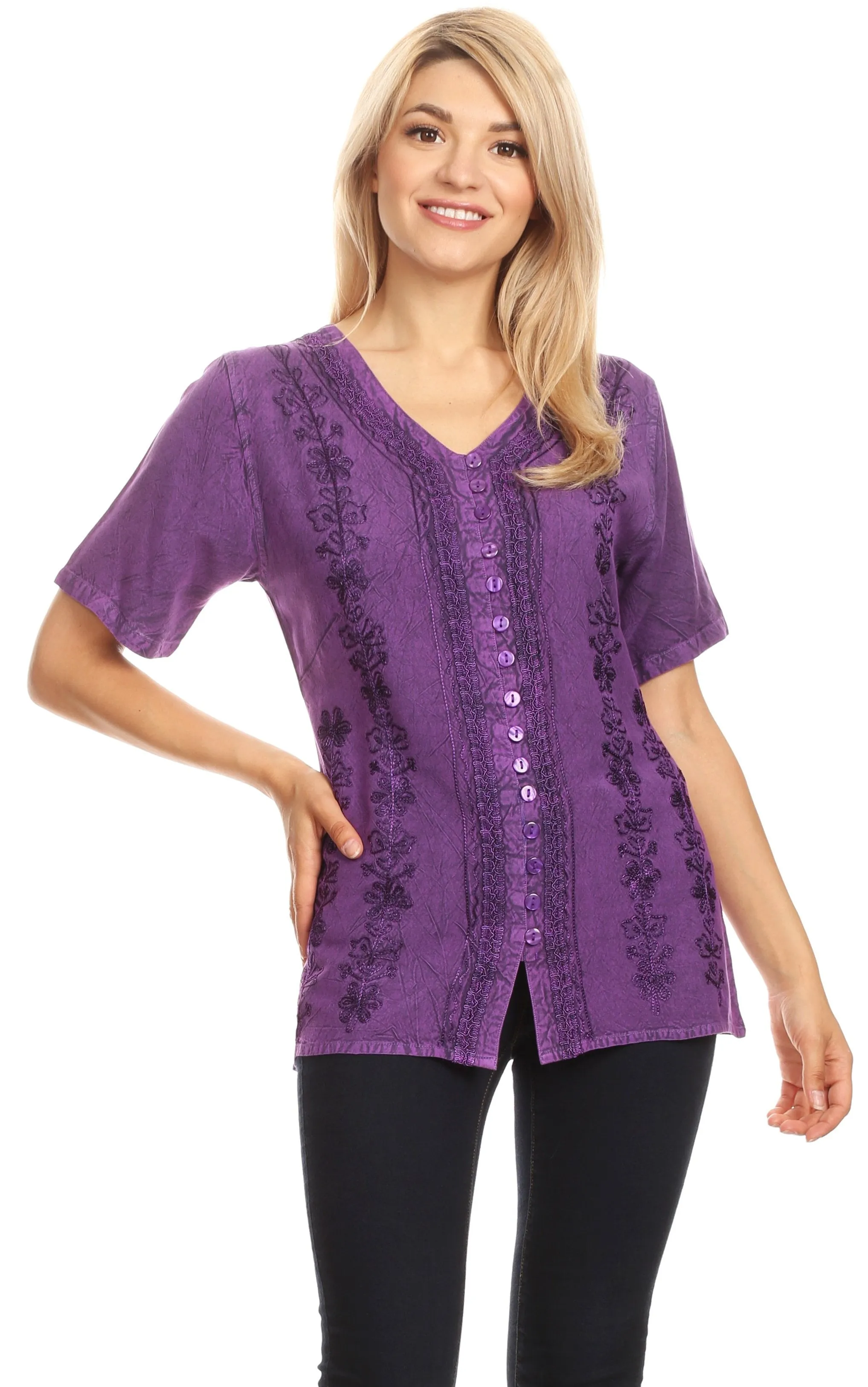 Sakkas Estella Womens Short Sleeve V neck Button Down Top Blouse with Embroidery