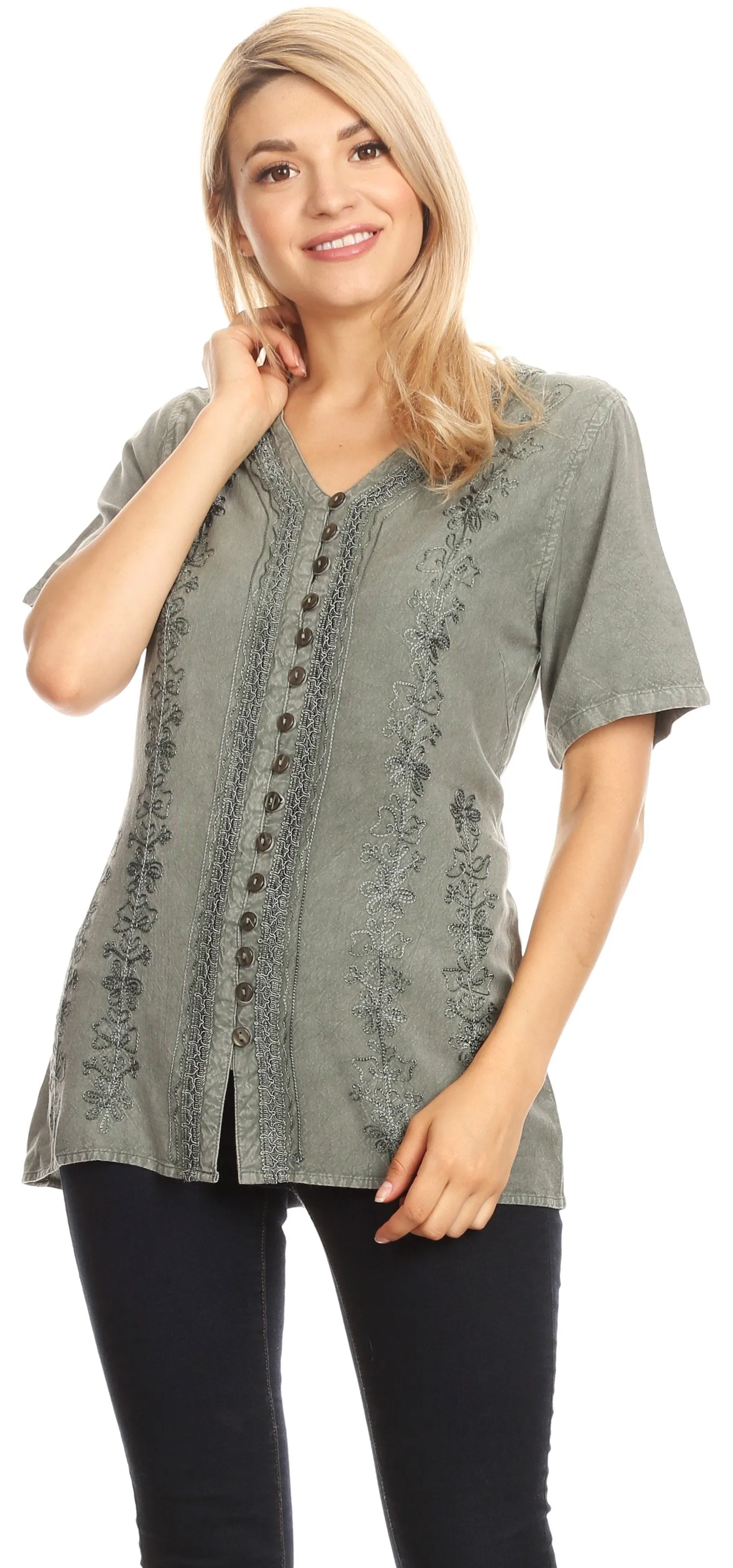 Sakkas Estella Womens Short Sleeve V neck Button Down Top Blouse with Embroidery