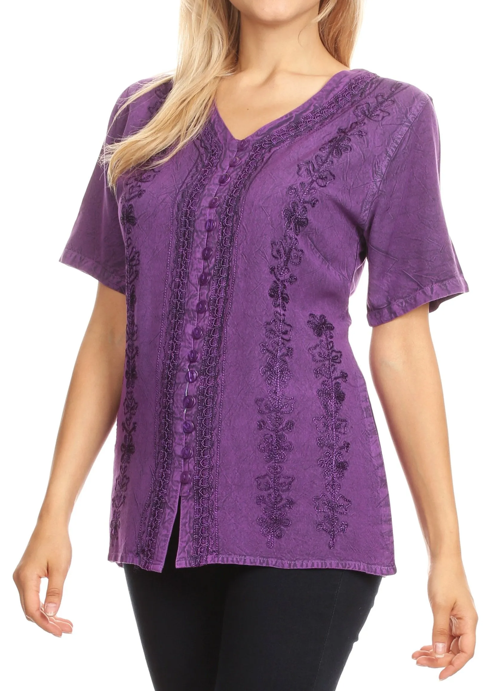 Sakkas Estella Womens Short Sleeve V neck Button Down Top Blouse with Embroidery